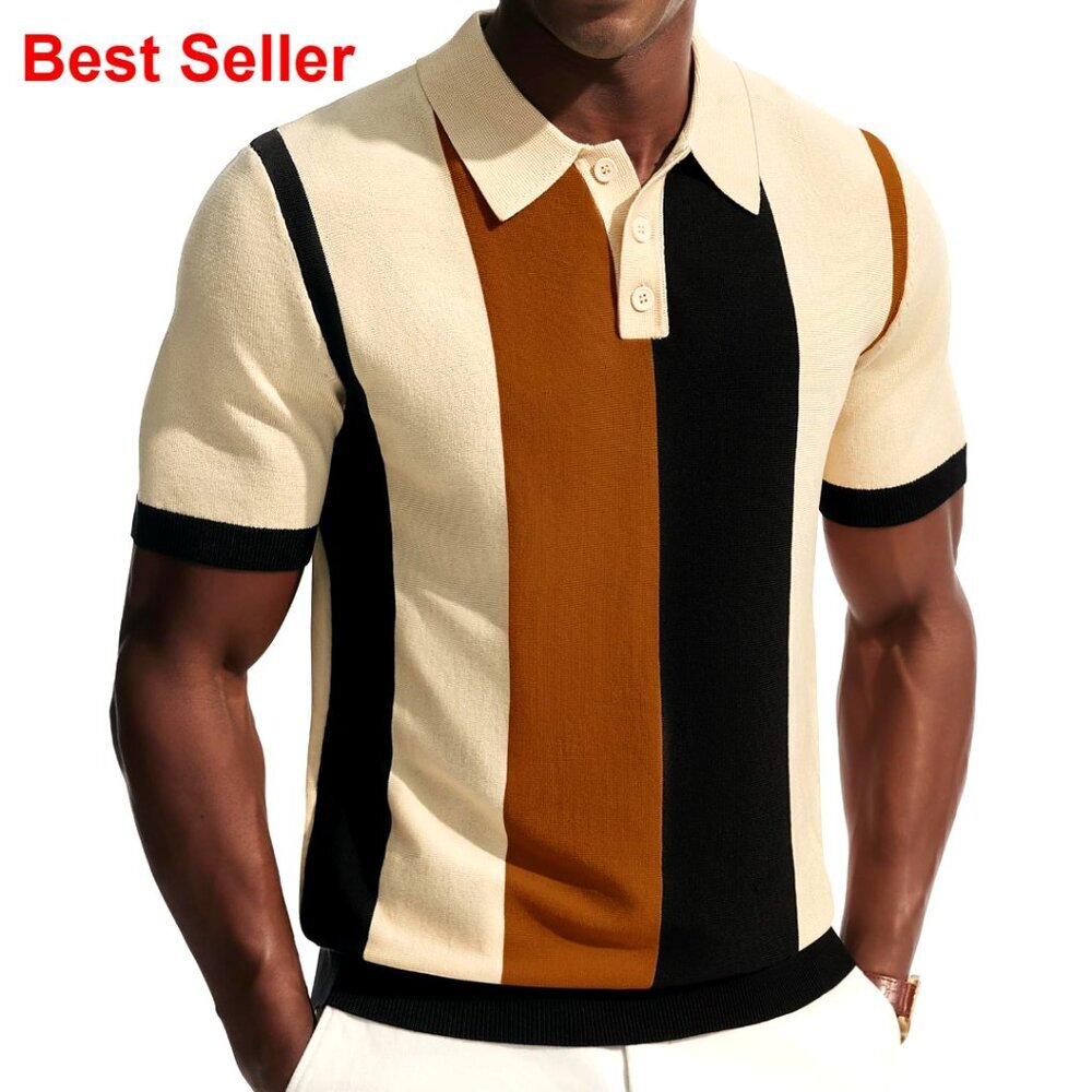 Vintage Striped Knit Polo Shirt Short Sleeve Casual Golf Summer - Picture 1 of 7